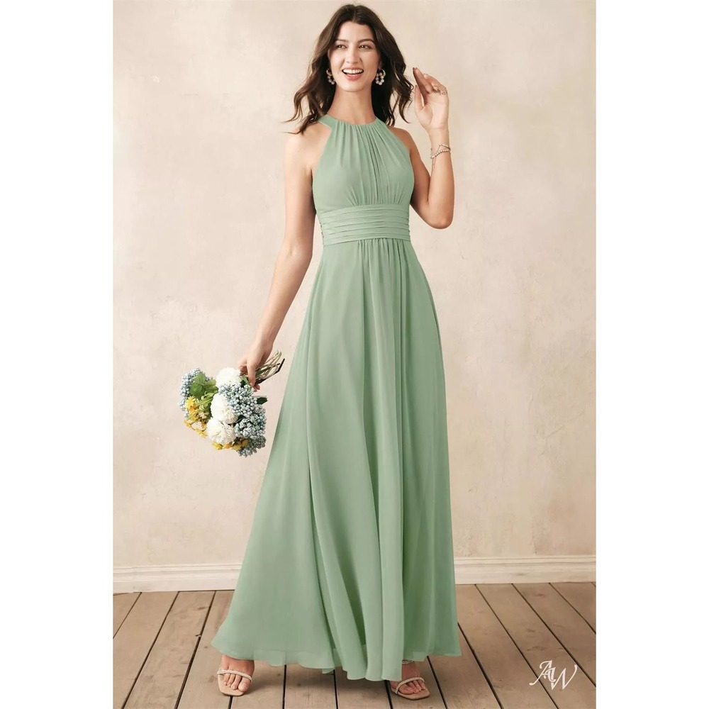AW Bridal Dorian Sage Green Chiffon Pleated Maxi Dress Size 14‎